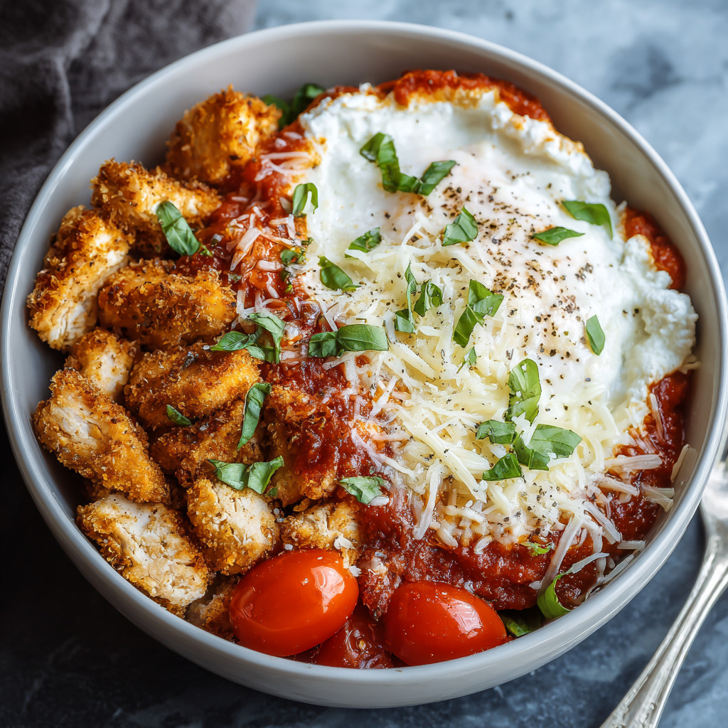 Ein Schüssel mit einer Mischung aus Kichererbsen, Tomaten, Parmesan und Käse.