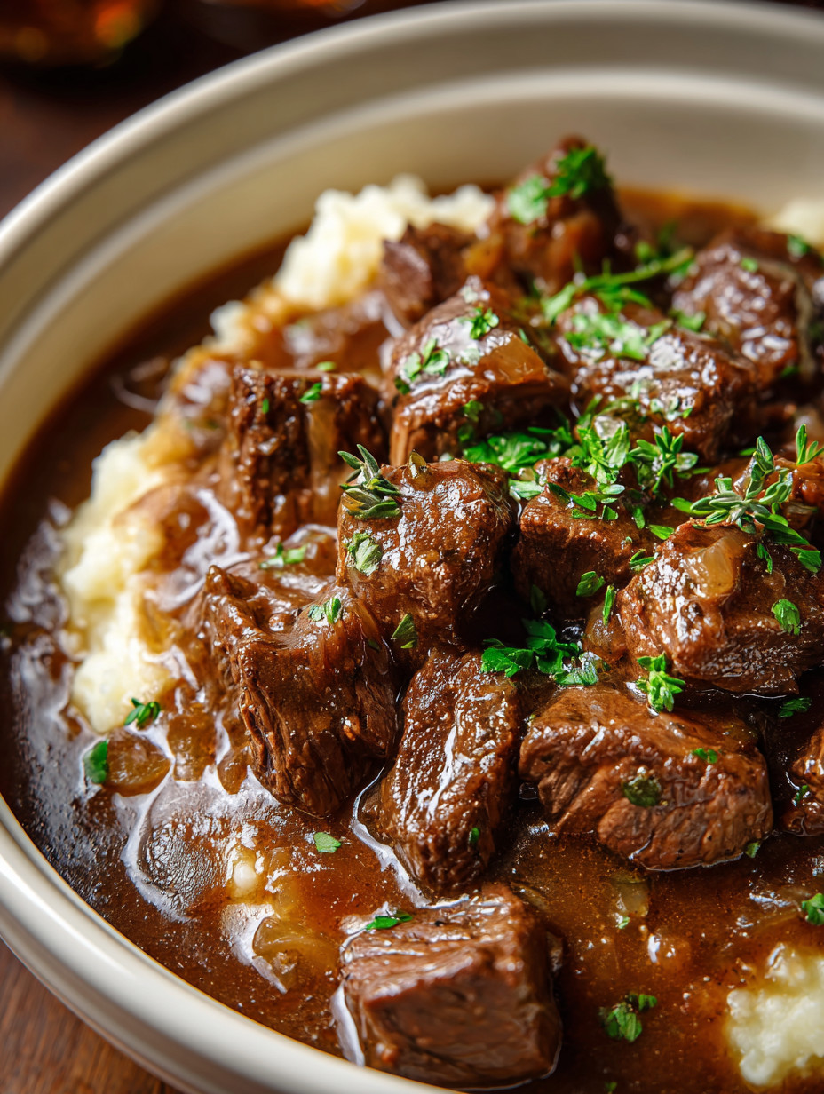 Ein Topf mit Rindfleisch, Gravy und Reis.