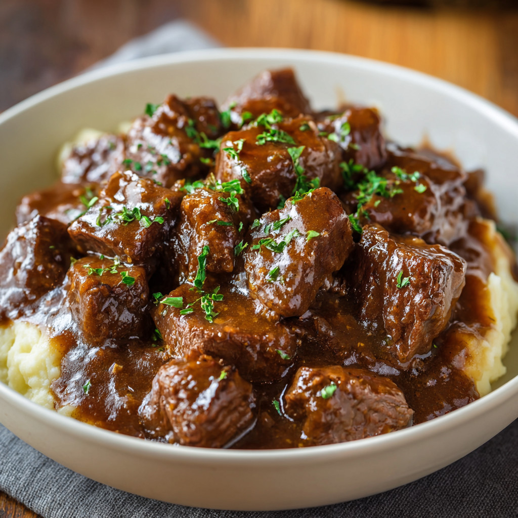 Ein weißer Teller mit slow cooker beef tips and gravy.
