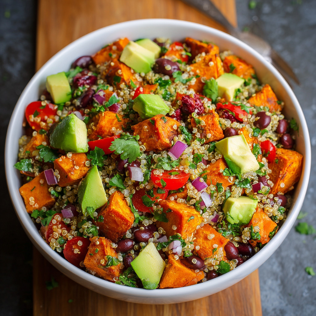 Ein weißer Becher mit einer Mischung aus Kichererbsen, Quinoa, Avocado und Sweet Potato.