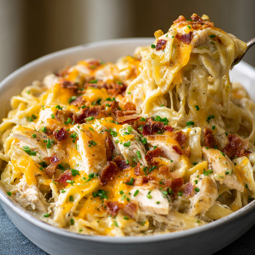 Ein großes, leckeres Casserole-Gericht mit vielen Zutaten wie Bacon, Käse, Tomaten, Pasta und Zwiebeln.