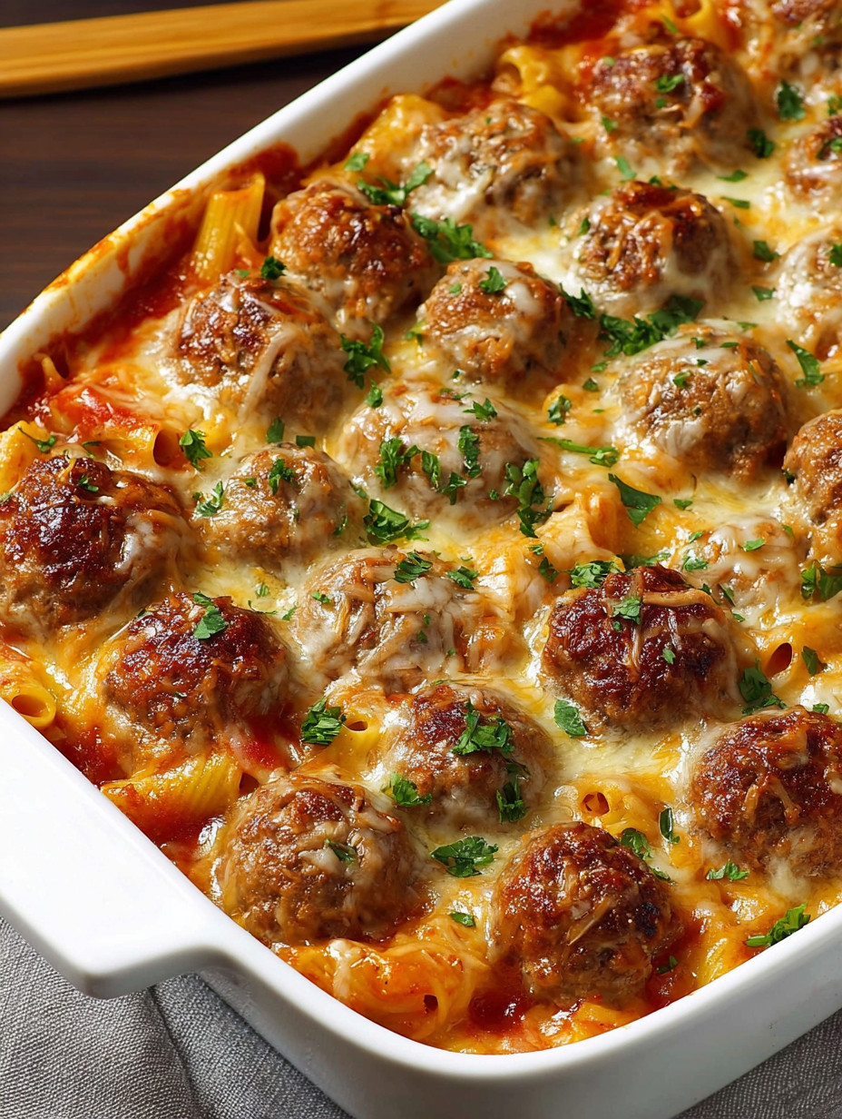Ein Dump-and-Bake Meatball Casserole in einem weißen Teller.