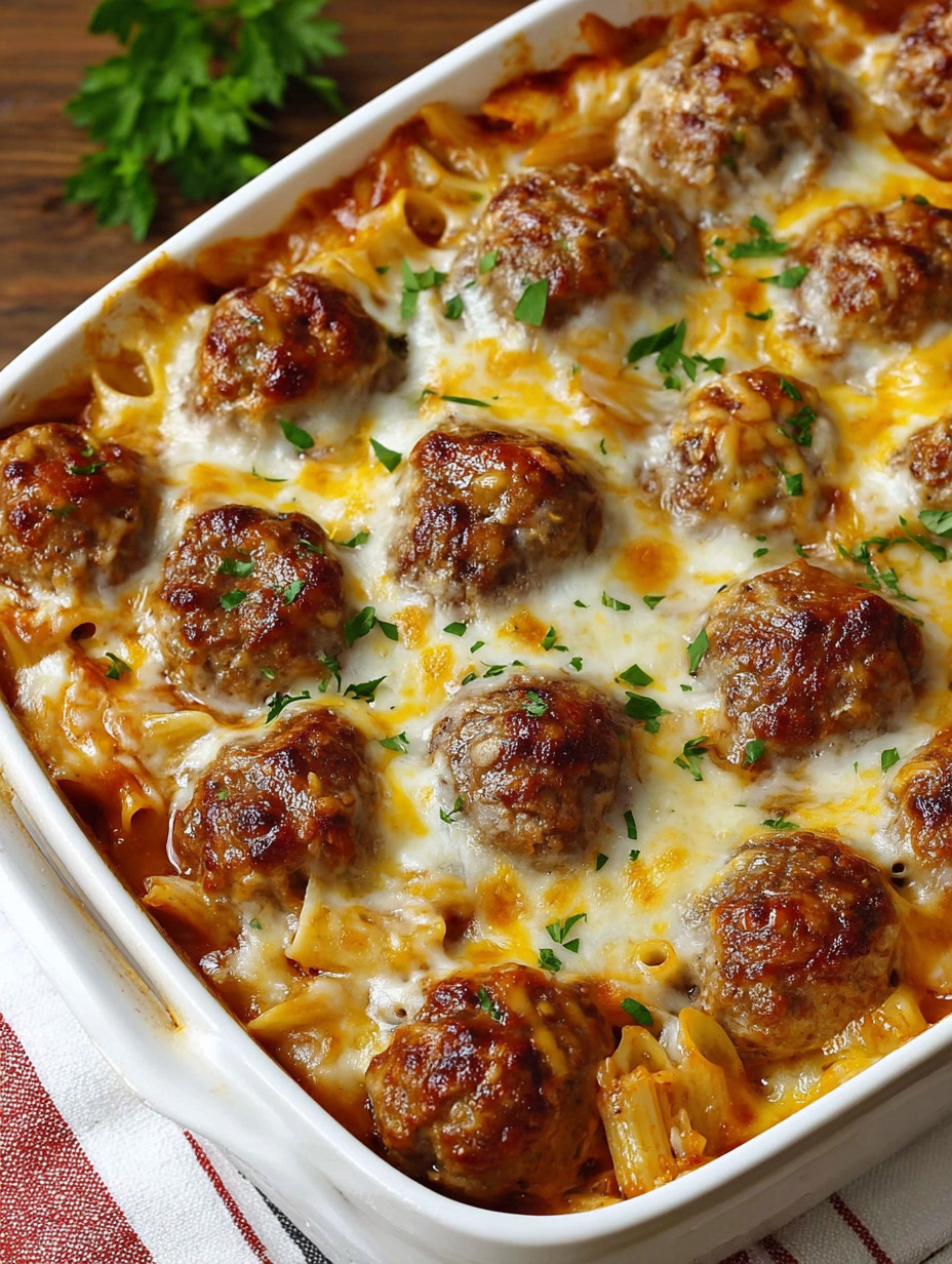 Ein weißer Teller mit einer Mischung aus Käse, Spaghetti und Meatballs.