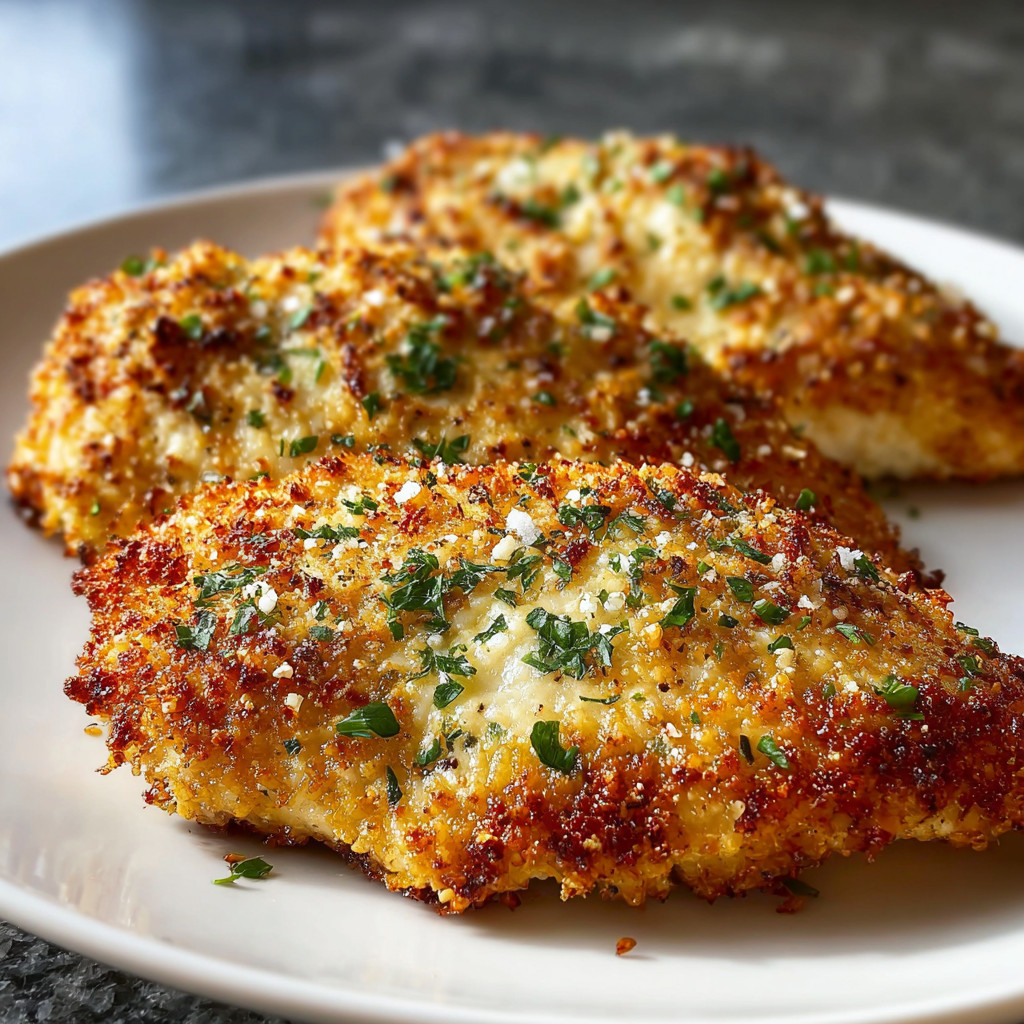 Ein Plate mit zwei Portionen von Parmesan Chicken, garniert mit Parmesan und Kräutern.
