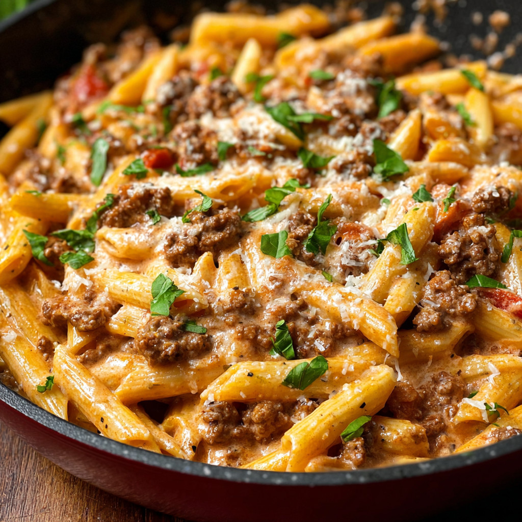 Eine Schüssel mit Pasta, die mit Beef und Sauce garniert ist.