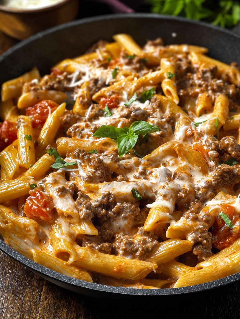 Eine Schüssel mit Pasta, die mit Beef und Käse garniert ist.