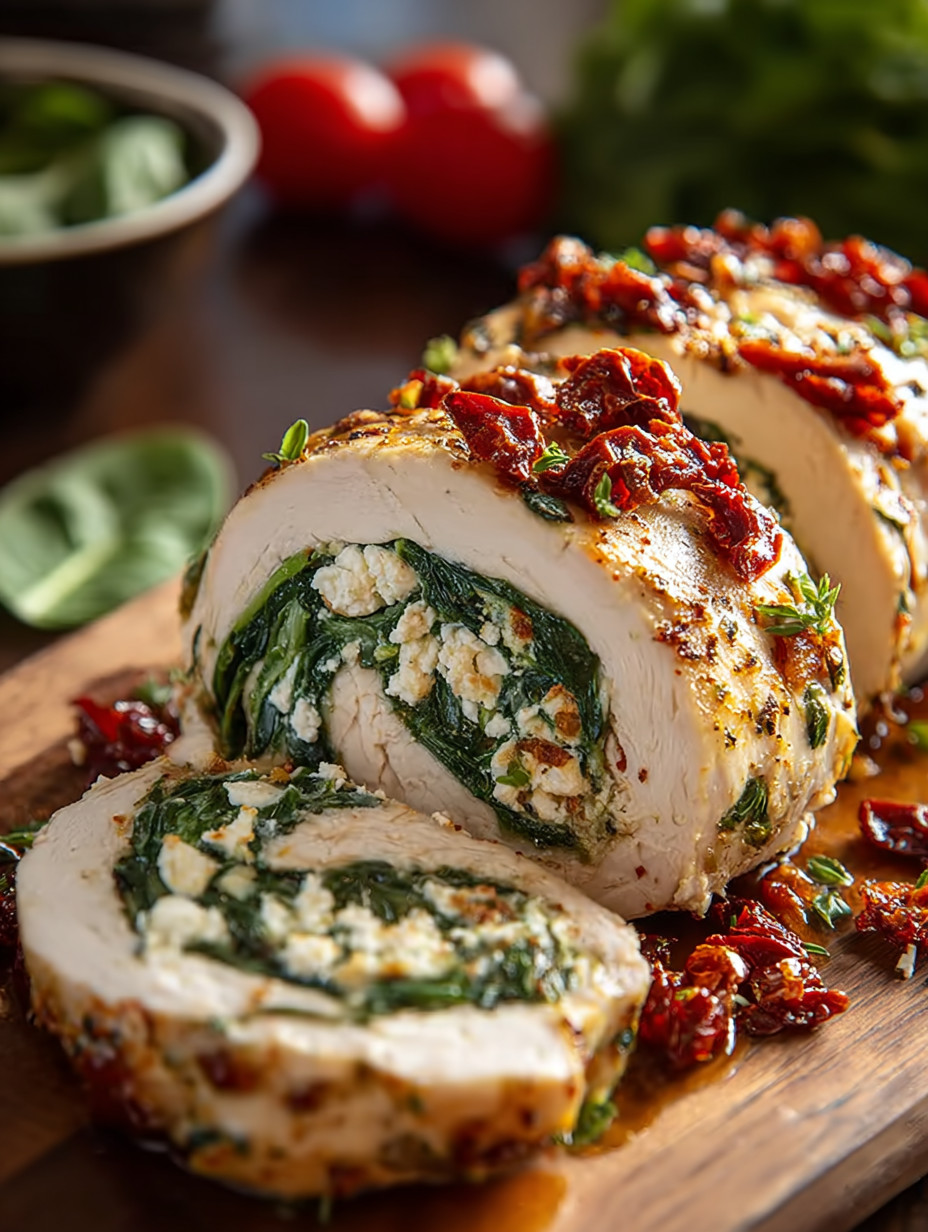 Ein Stück gekochtes Hähnchen mit Feta, Spinat und Sonnenblumenöl auf einem Teller.