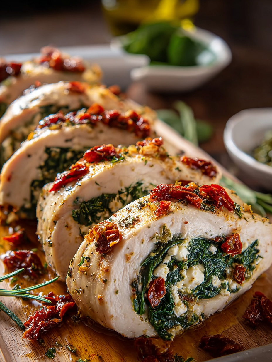 Ein Stück gekochtes Chicken mit Feta, Spinach und Sonnenkernen auf einem Teller.