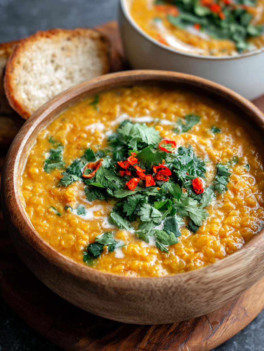 Ein Topf mit einer cremigen, kräftigen und kühleningenden Suppe, die aus Linsen, Kokosmilch und Zwiebeln hergestellt wurde.