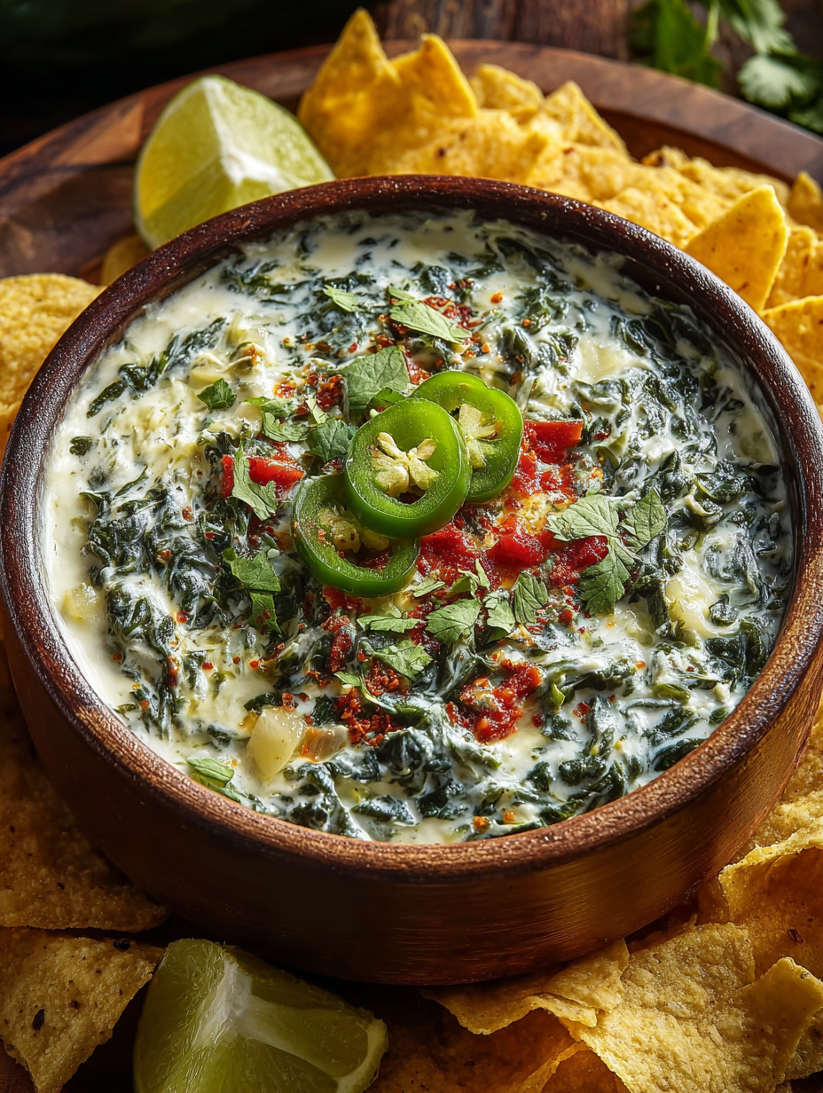 Ein Schälchen mit einer cremigen und scharfen Mischung aus Spinach und Paprika, garniert mit grünen Zwiebeln und einer roten Paprika.