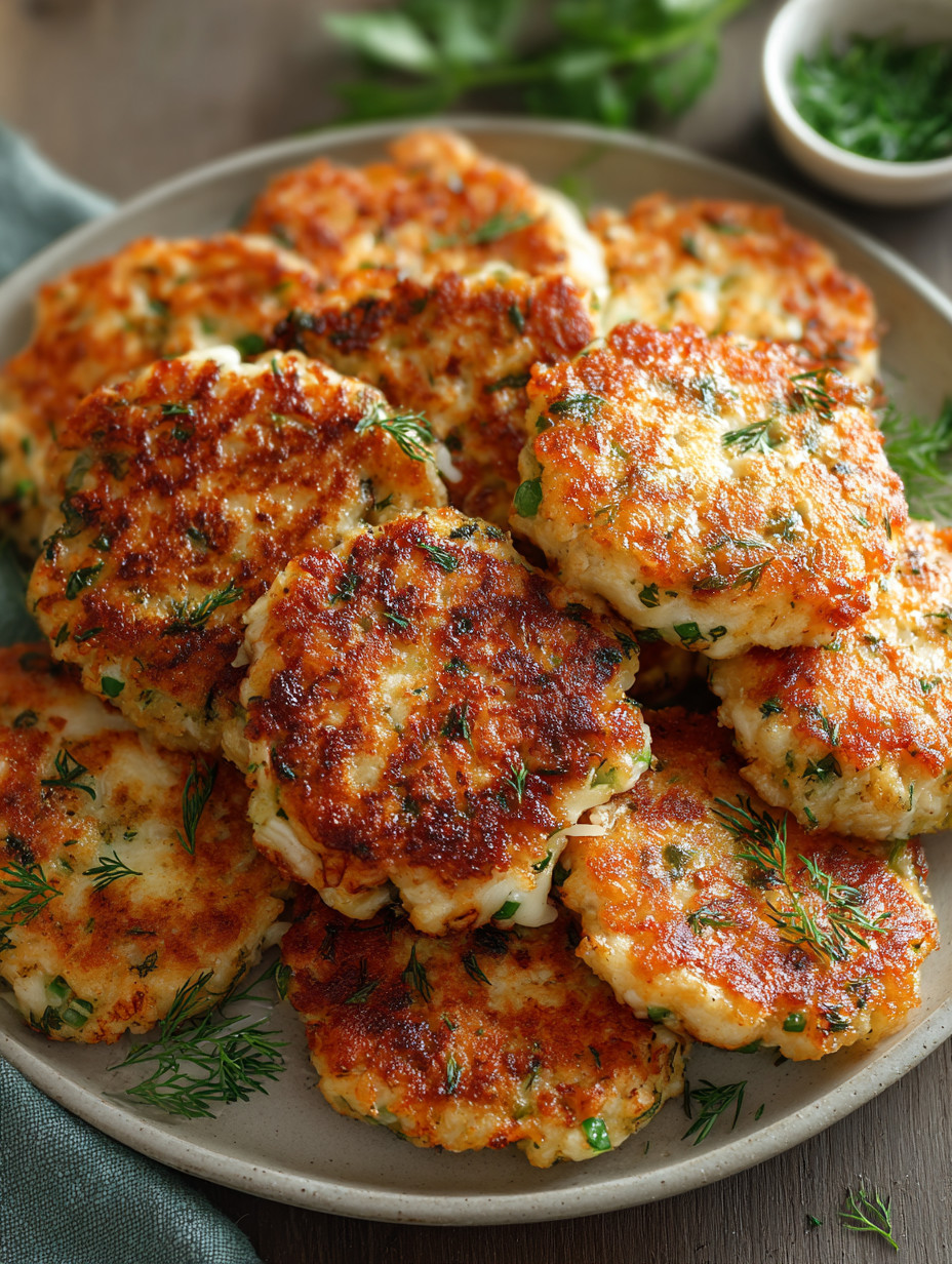Ein Plate mit Chicken Fritters, die in verschiedenen Größen und Formen vorliegen.