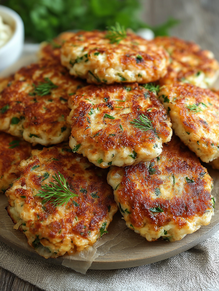 Eine Platte mit Chicken Fritters, die in verschiedenen Größen und Formen vorliegen.