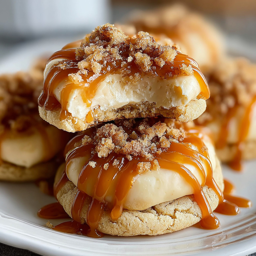 Eine Platte mit Caramel Cheesecake Cookies, die mit Caramel sauce und Sand geschmolzen sind.