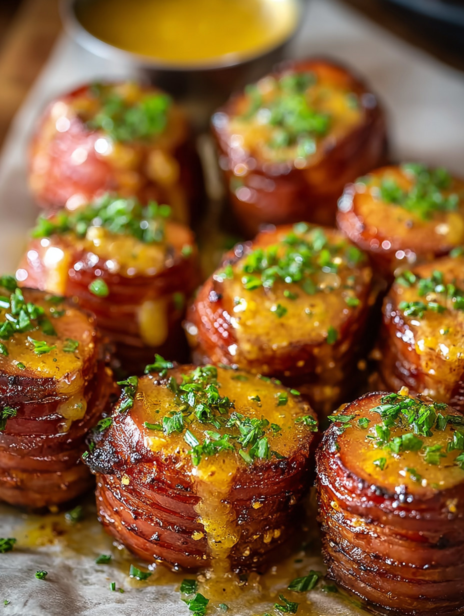 Eine Schüssel mit irresistible Mustard Hasselback Beef Bites Recipe.
