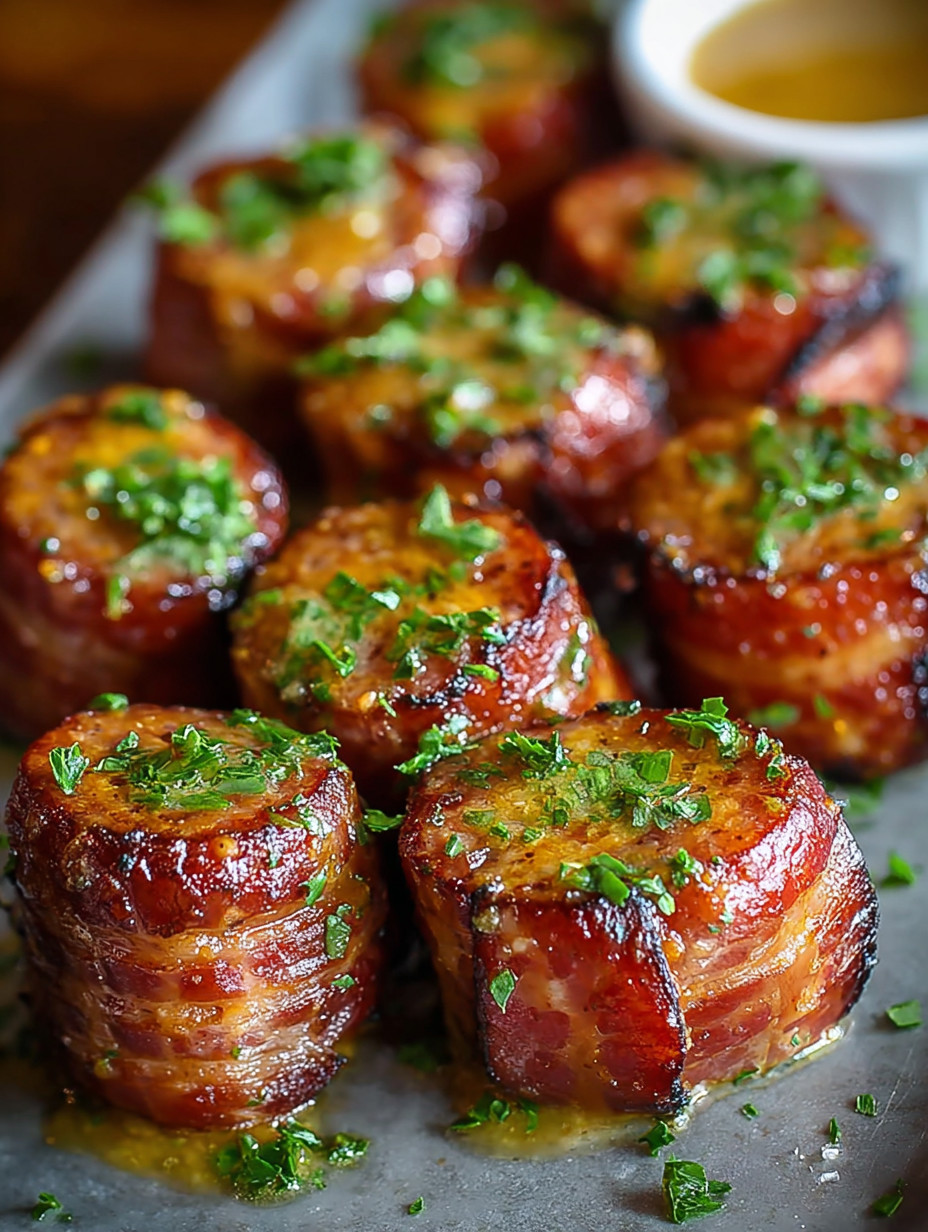 Eine Platte mit irresistible Mustard Hasselback Beef Bites Recipe.