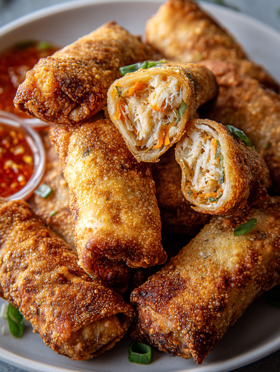 Ein Bild von Crab Cake Egg Rolls, die in einer Schüssel auf einem Tisch liegen.