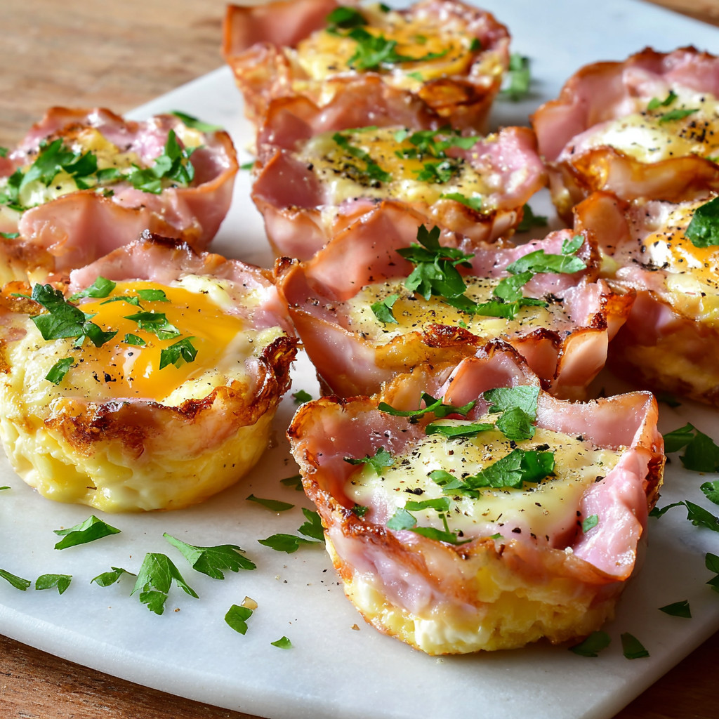 Eine Platte mit sechs Ham &amp; Cheese Egg Cups, die auf einem Tisch liegen.