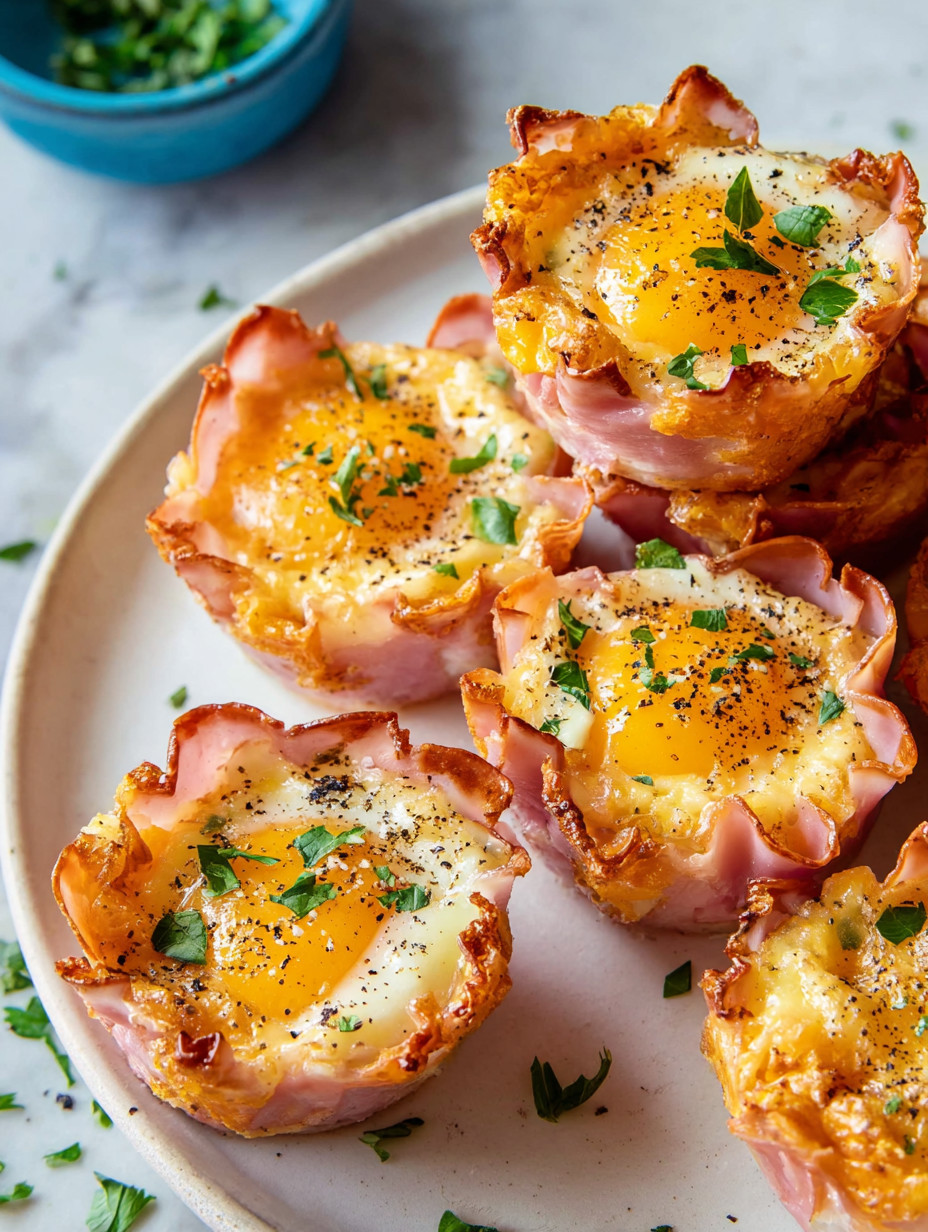 Ein weißer Teller mit Ham & Cheese Egg Cups.