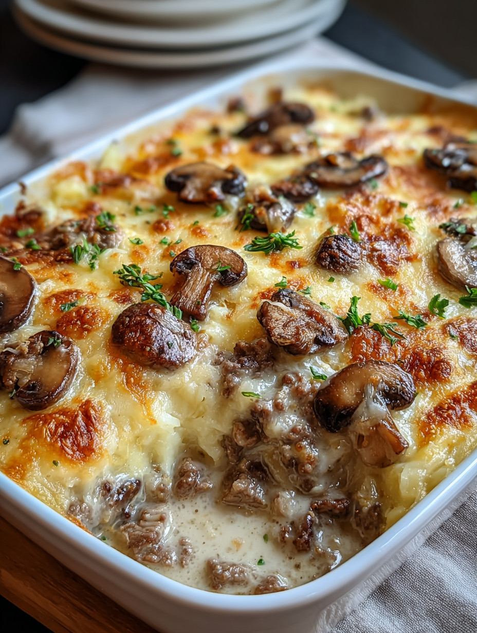 Ein creamy beef mushroom bake in einem weißen Behälter.