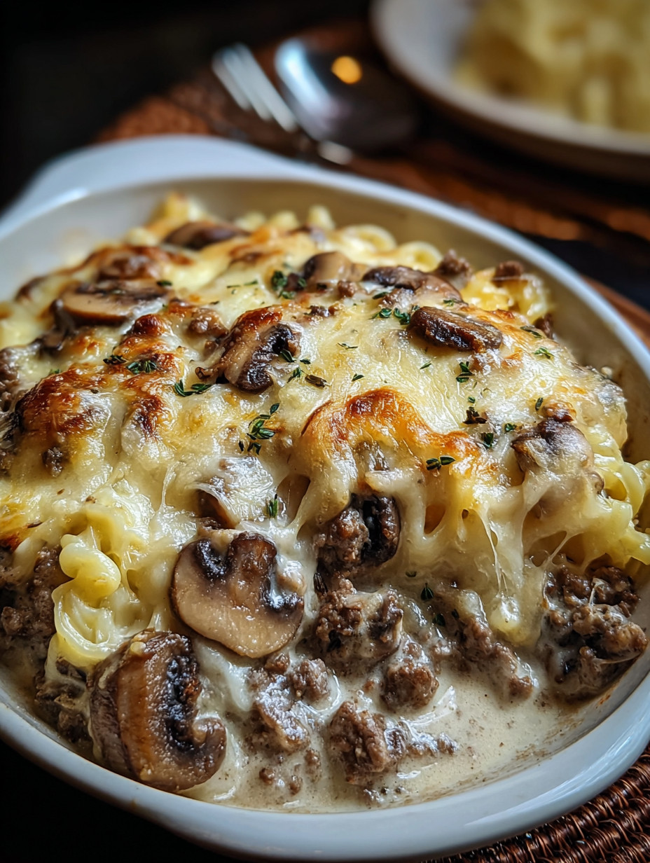 Ein weißer Teller mit einer cremigen Beef Mushroom Bake.