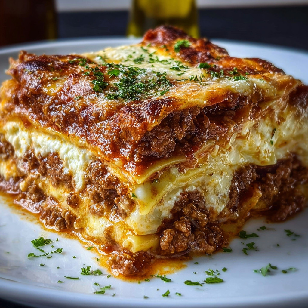 Ein großes Lasagna-Gericht auf einem weißen Teller.