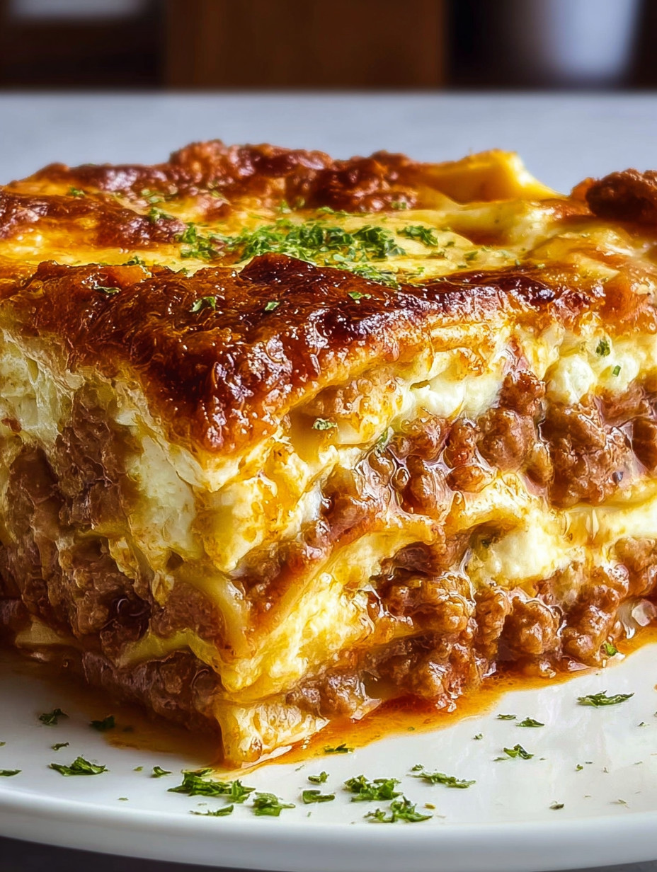 Ein Lasagna-Gericht auf einem Teller, das aus verschiedenen Zutaten wie Käse, Spinat, Tomaten und Zwiebeln besteht.