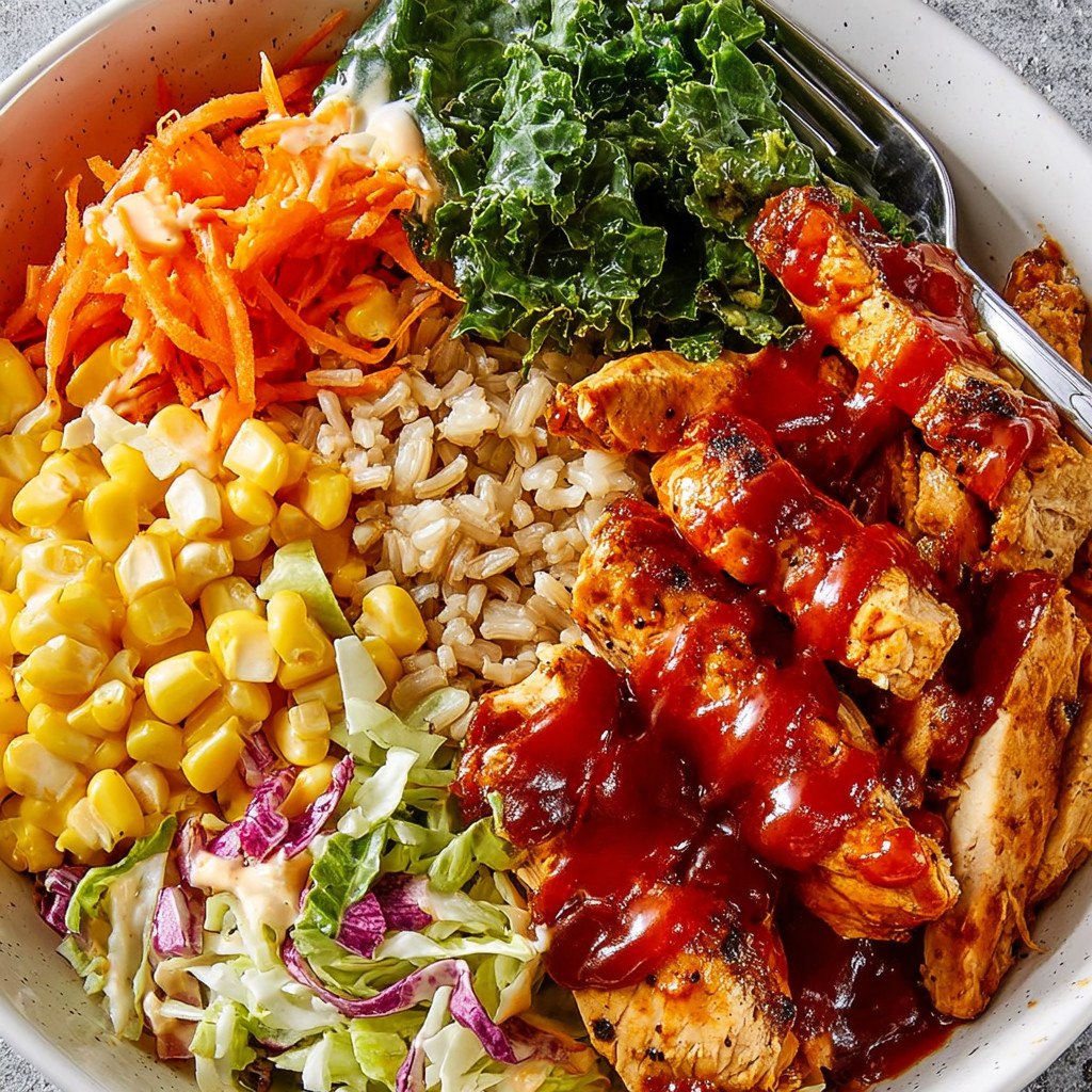 Ein großes, leckeres BBQ Protein Bowls mit vielen verschiedenen Zutaten wie Kartoffeln, Kohlrabi, Salat, Kresse, Karotten, Rice und Chicken.