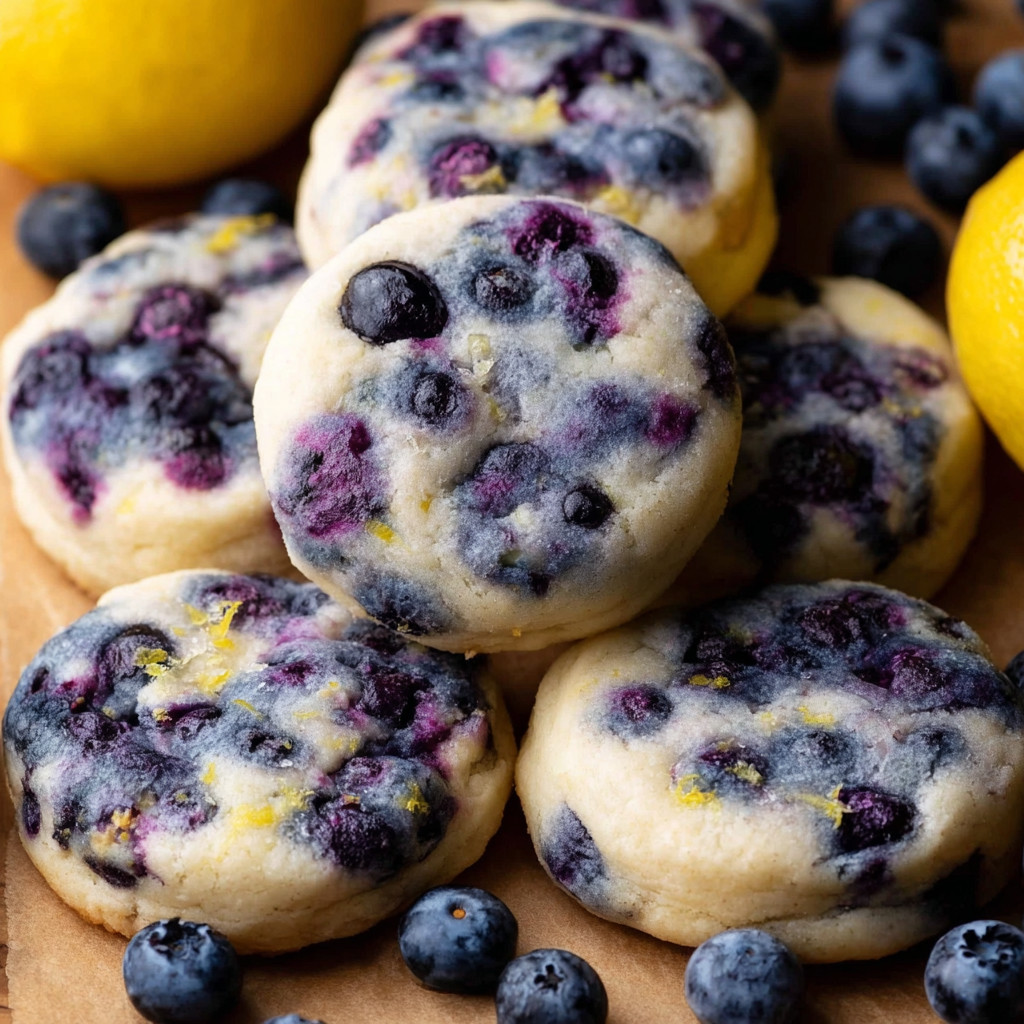 Ein Batch von Blueberry Cheesecake Cookies, die in einer Schüssel auf einem Tisch liegen.