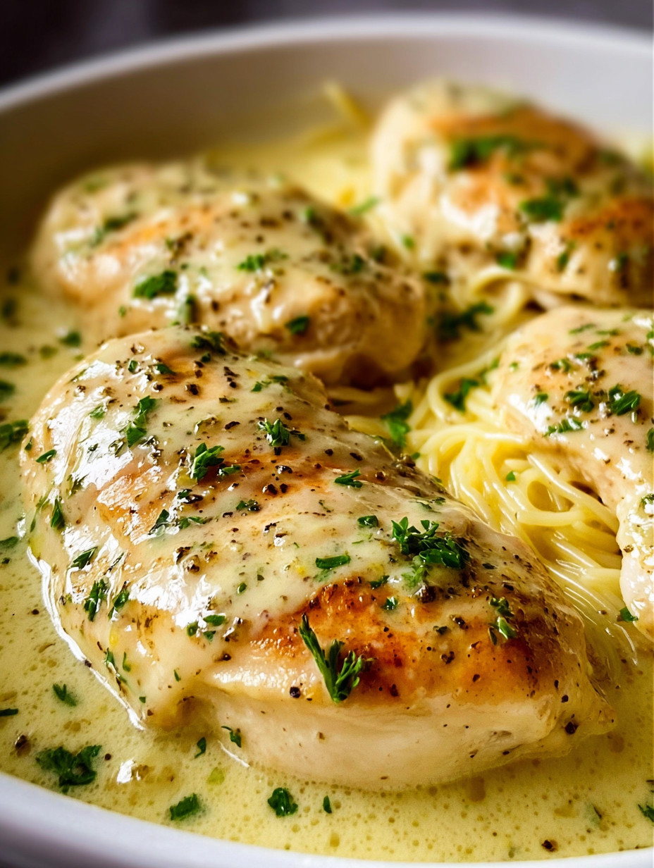 Ein Bild von einer Crock Pot Angel Chicken, die in einer Sauce mit Pasta und Zwiebeln gart.
