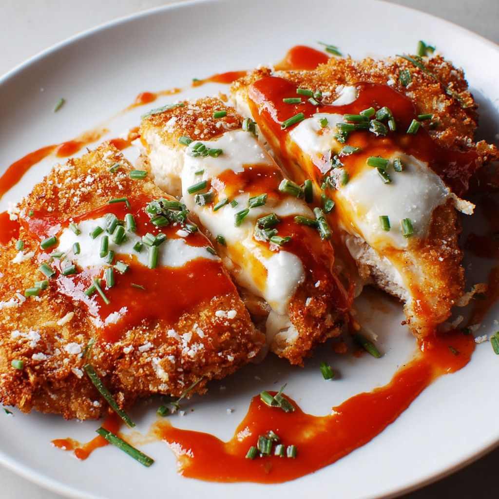 Ein Plate mit Buffalo Chicken Parm, das mit Ketchup und Parmesan garniert ist.