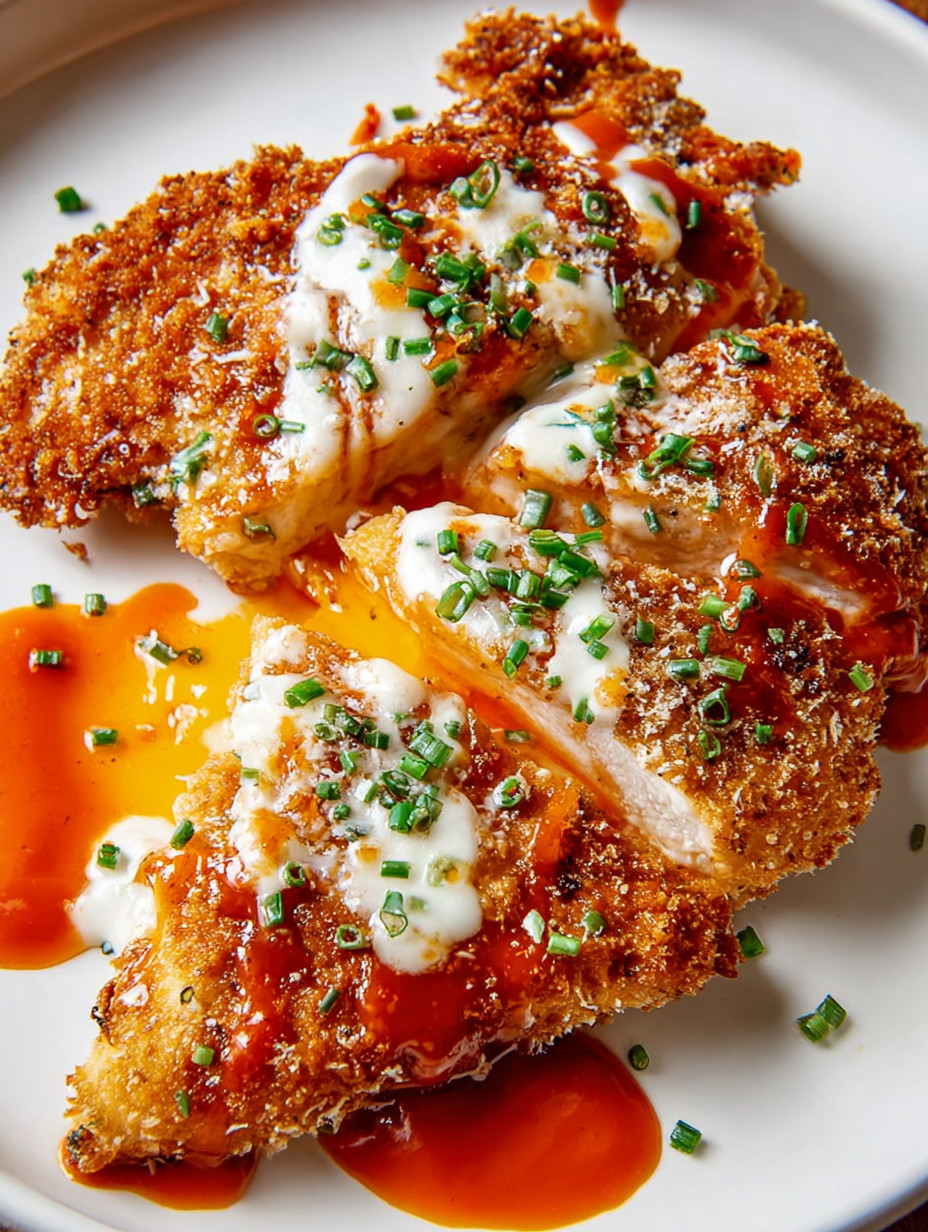 Ein Stück Buffalo Chicken Parm mit Sauce.