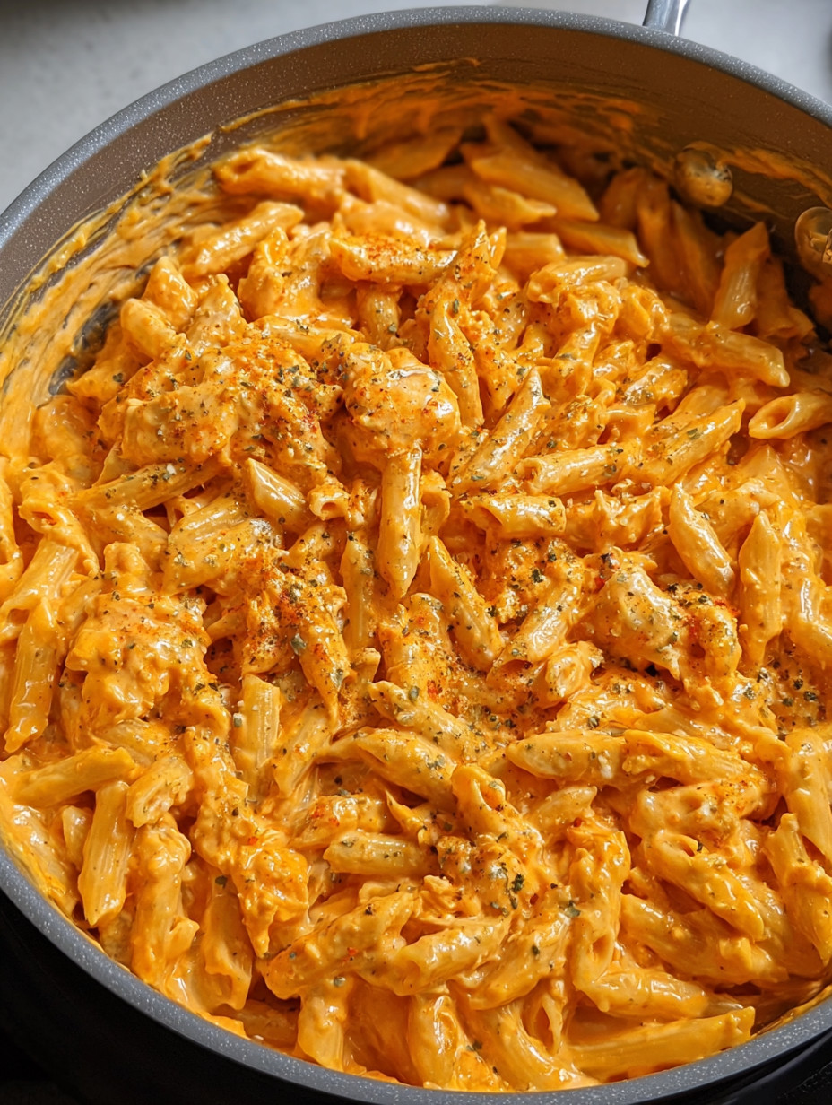 Ein Bild von einer Pasta-Auflaufform mit einer cremigen, spicy und buffalo-gekochten Chicken-Pasta.