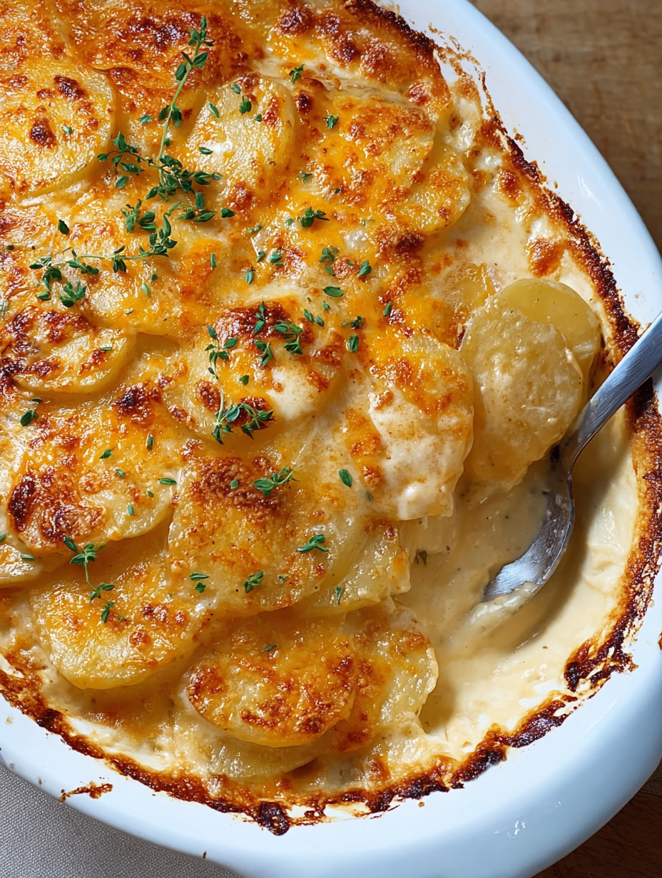 Ein weißer Teller mit einer Portion von "Easy Cheesy Scalloped Potatoes" auf einem Tisch.