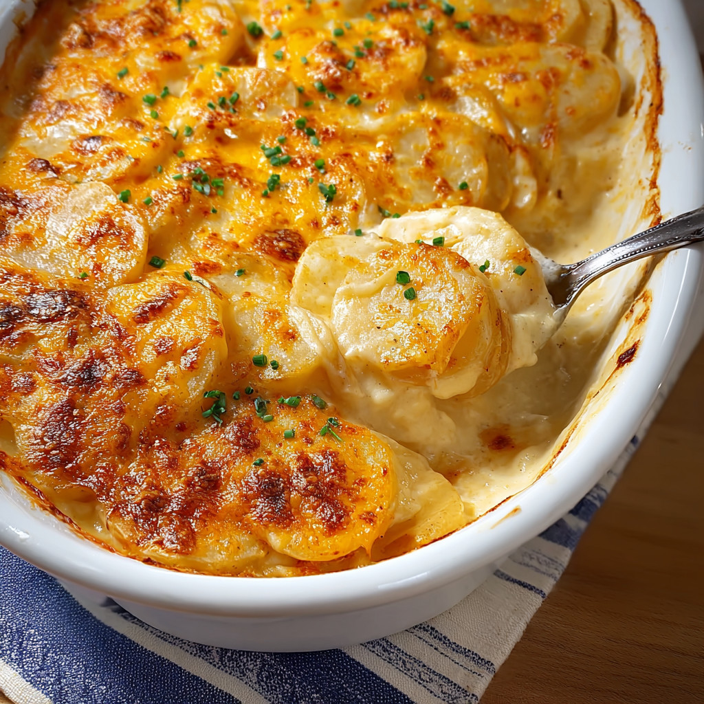 Ein Batch von Scalloped Potatoes mit Käse und Bananen.
