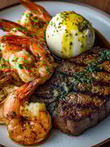 Eine prägnante Bildbeschreibung für das Bild lautet: "Ultimate Surf and Turf Steak Seafood".