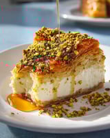 Ein Stück Baklava Cheesecake auf einem weißen Plate.