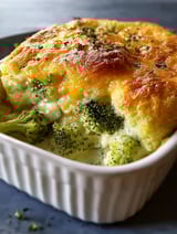 Ein Broccoli Soufflé in einem weißen Behälter.