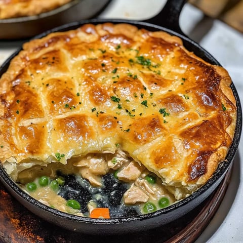Ein Skillet Chicken Pot Pie mit einer Scheibe ausgerichtet, die eine Mischung aus Käse, Gemüse und Chicken enthält.