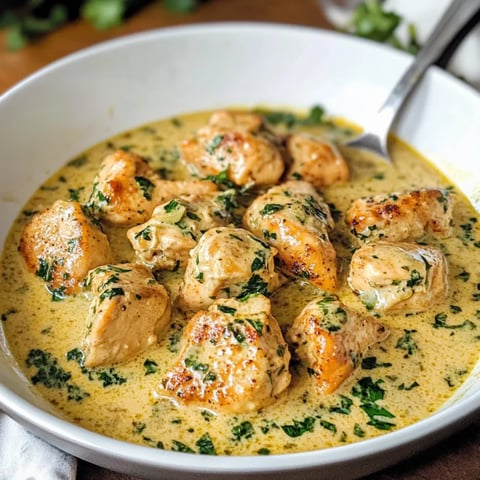 Ein weißer Teller mit einer cremigen Butter-Lemon-Chicken-Garnitur.