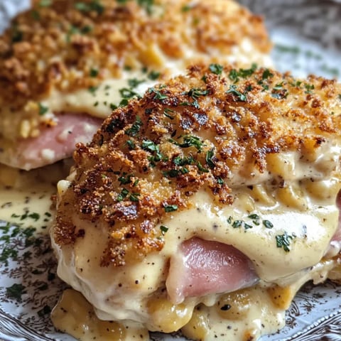 Ein Chicken Cordon Bleu Bake mit gerösteten Zwiebeln und Sauce.