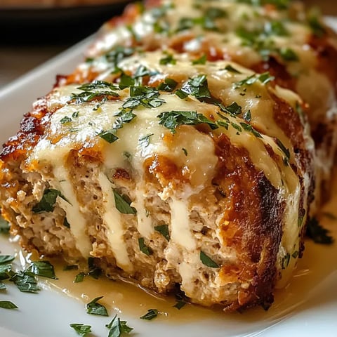 Ein Stück Melt-in-Your-Mouth Garlic Parmesan Chicken Meatloaf auf einem weißen Teller.