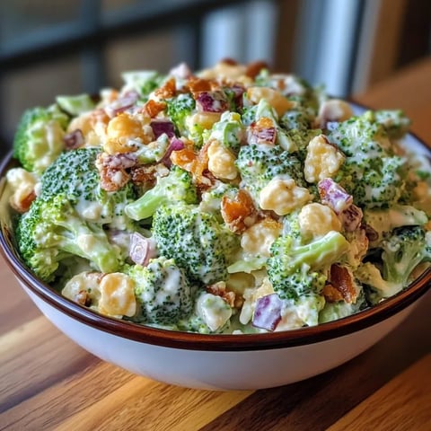Ein großer, voller Broccoli-Salat in einem weißen, glatten Bowl.