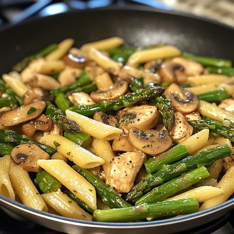 Ein Bild von einer einfachen Ein-Bohnen-Penne mit Asparagus und Champignons.