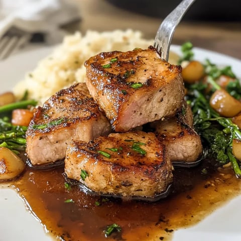 Ein Plate mit Baked Pork Chops, gegrillten Steak und Sauce.