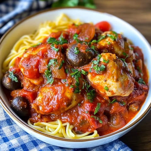 Eine Schüssel Pasta mit Hähnchen und Tomatensoße.