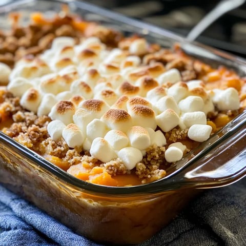 Ein Glas mit Sweet Potato Casserole mit Marshmallows.