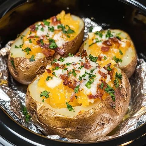 Ein Crock Pot Baked Potatoes mit Bacon und Käse.