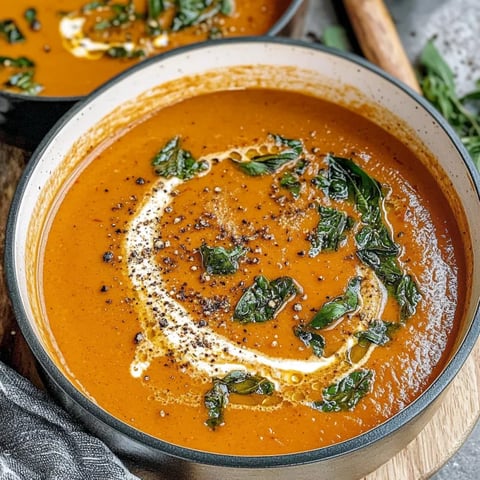 Ein Topf mit einer roten Suppe, die mit Spinat und Koriander garniert ist.