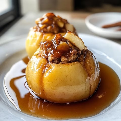 Zwei bakene, gefüllte Apfel mit Cinnamon-Honig-Sauce auf einem Teller.