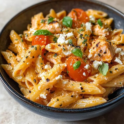 Ein Teller Pasta mit Tomaten und Feta Käse.